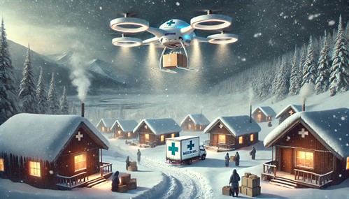 Futuristic rendering of unmanned drones delivering medical supplies to a remote Alaskan village during a snowstorm
